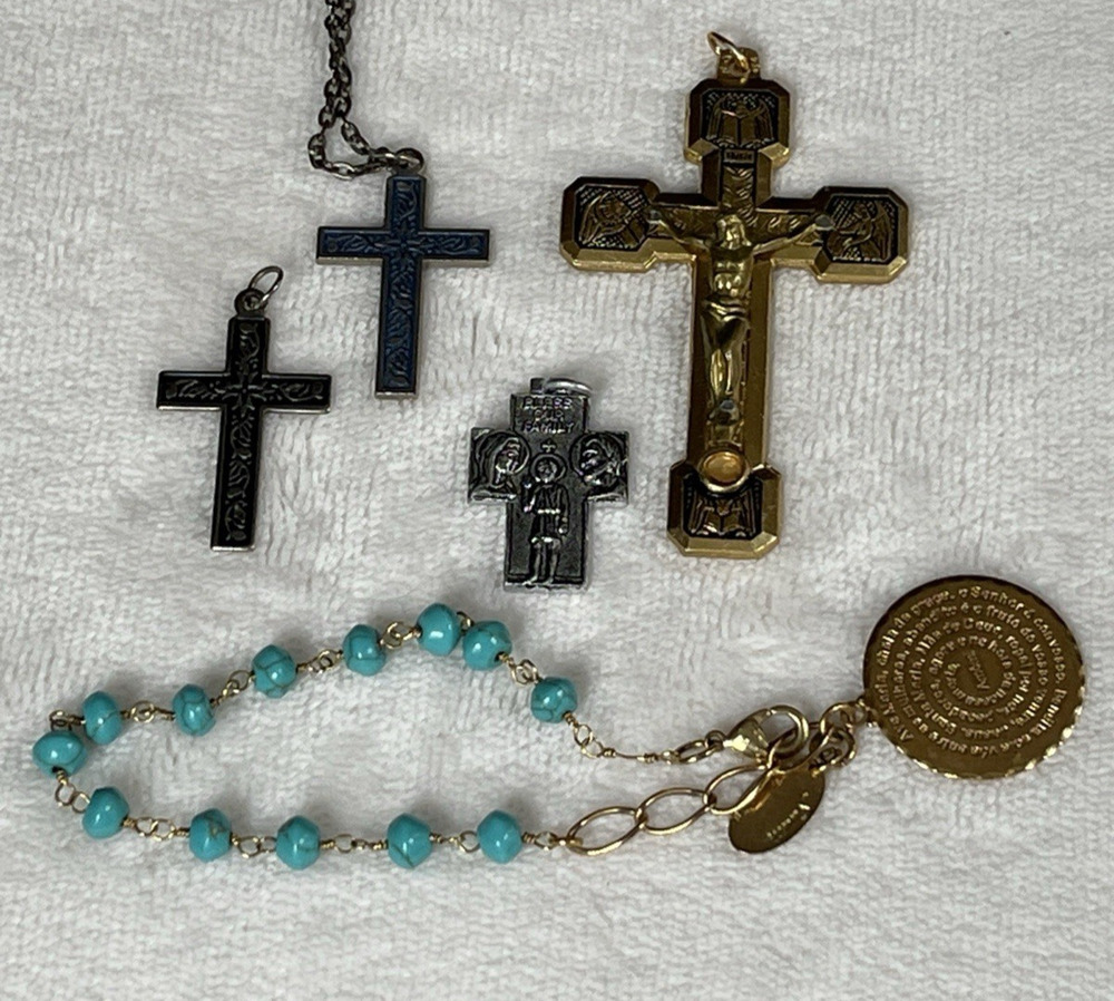 Vintage Christian Catholic Cross Lot & Rosary Bracelet Religious Jewelry Lot